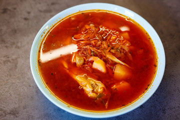 Ukrainian national dish classic red borsch.