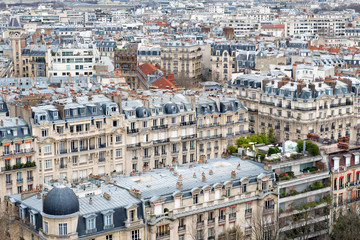 Obraz premium Aerial view of haussmanian buikdings roofs of the city of Paris, France.