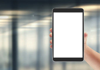 Hands holding  tablet touch computer gadget with isolated screen