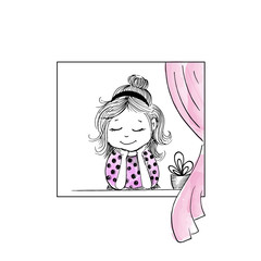 Girl character. Little girl looking out the window. Hand drawn vector illustration. Isolated on white.