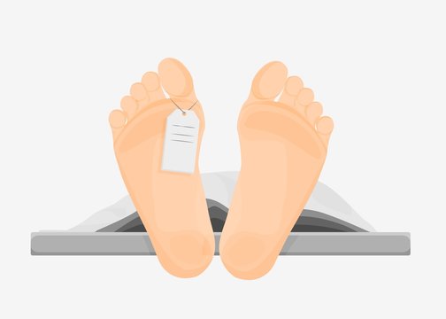 Naked cartoon human feet with tag cover sheet vector graphic illustration. Foot of barefoot person dead body cadaver lying at morgue ready to autopsy isolated on white background