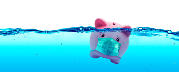 Piggy bank Wearing A Protective Face Mask Drowning In Underwater - Protection Concept And Savings To Risk - obrazy, fototapety, plakaty