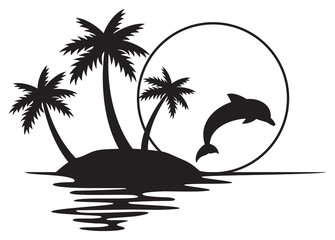 Obraz premium Illustration of tropical island with palms, sunset and dolphin (summer design)