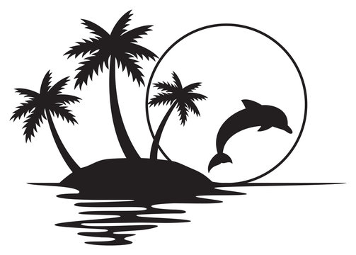 Illustration of tropical island with palms, sunset and dolphin (summer design)