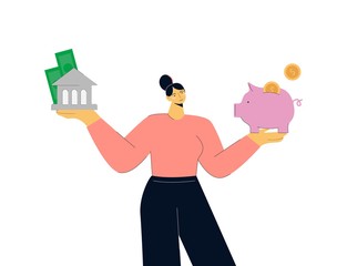 Cartoon colorful woman choosing between saving cash in bank and piggybank isolated on white. Female with financial literacy choose balance money economy big limbs style vector flat illustration