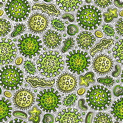 Virus and bacteria hand drawn doodles seamless pattern. Coronavirus background.