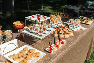 Beautifully decorated catering banquet table with different food snacks.