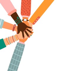Hands together - set of different races raised up hands.