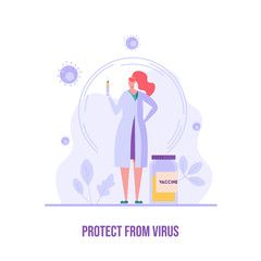 Medical worker or doctor vaccinating against virus in clinic. Protect from virus. Concept of vaccine, coronavirus, vaccination, immunization, covid-19. Vector illustration in flat design