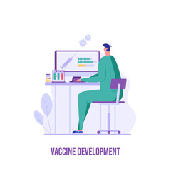 Medical worker or doctor making vaccine against virus in clinic. Vaccine development. Concept of vaccine, coronavirus, vaccination, immunization, covid-19. Vector illustration in flat design