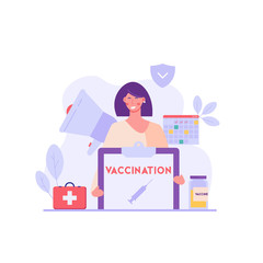 Medical worker or doctor vaccinating against virus in clinic. Protect from virus. Concept of vaccine, coronavirus, vaccination, immunization schedule. Vector illustration in flat design