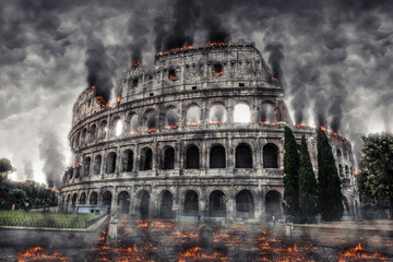Roman Colosseum on fire with billowing smoke