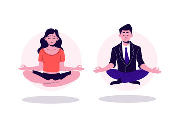 Pretty cartoon yogi woman and business man sitting in lotus position with closed eyes vector graphic illustration. People practicing yoga harmony meditate isolated on white background