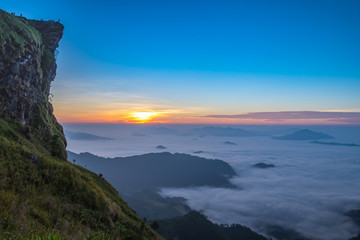 Morning sunrise with fog on Phu Chee Fah in Chiang Rai, Thailand.