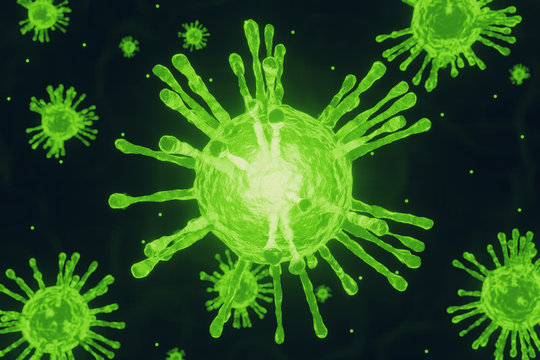 Green virus biology 3D illustration for health science background.