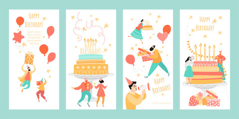Set of templates for greeting banners or birthday cards with happy young people, gifts and cakes with candles on a white background