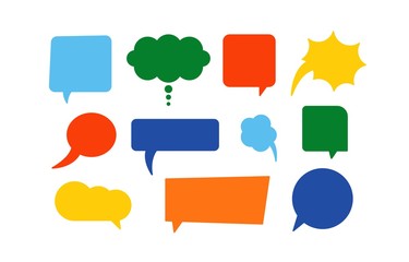 Various flat Speech Bubbles. Different shapes. Blank empty Colored stickers. Graphic Vector set. Cartoon Comic style. Simple, minimal design. All elements are isolated on white background