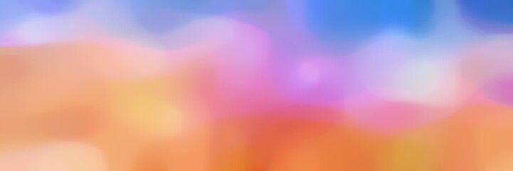 blurred bokeh horizontal card background with plum, coral and corn flower blue colors and free text space