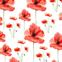 big and small red summer poppies with stems watercolor painted pattern