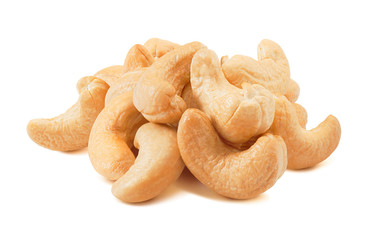 Pile of cashew nuts isolated on white background.