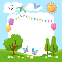 Cute colorful summer creative children frame with empty place for photo or text vector graphic illustration. Cartoon natural landscape template with sun, cloud, park, balloon and holiday decoration