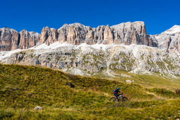 Fototapeta na wymiar Radfahrer fährt durch eine Wiese mit Blick auf die Sellagruppe der Dolomiten