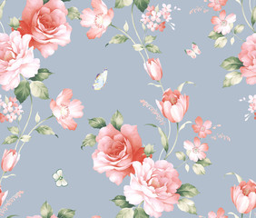 Watercolor seamless pattern with roses , tulips. Watercolor decoration pattern. Vintage watecolor background. Perfect for wallpaper, fabric design, wrapping paper, surface textures, digital paper.