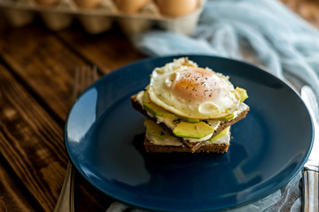 on a wooden table with blue cloth there is breakfast in a blue plate fried eggs on slices of dark bread with white sauce and avocado, in the background in the tray are raw eggs