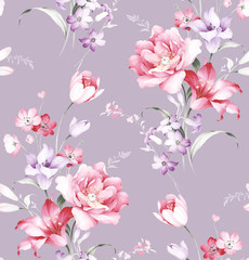 Watercolor seamless pattern with rose, tulip ,lily flowers. Watercolor decoration pattern. Perfect for wallpaper, fabric design, wrapping paper, surface textures, digital paper.