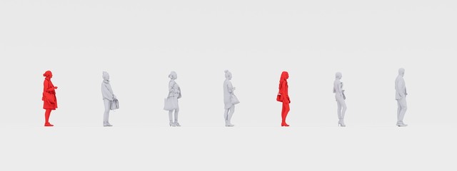 Social distancing concept people standing away to prevent COVID-19 while waiting in line, queue, coronavirus disease