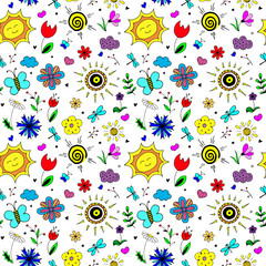 Spring pattern. Seamless vector backdrop. Simple cartoon objects and symbols on the spring nature theme on transparent background. Hand drawn illustrations.