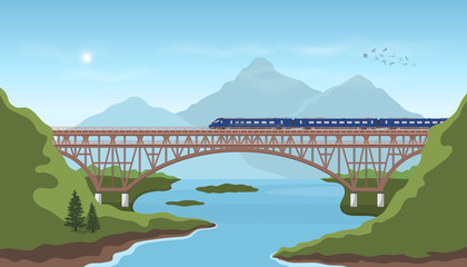 Landscape with railway bridge. Trevel by train. Mountain's railroad scenery. Modern express locomotive in valley