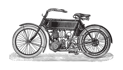 Old 1 cylinder motorcycle / vintage illustration from Brockhaus Konversations-Lexikon 1908