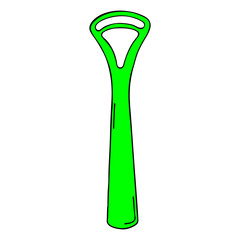 Scraper cleaning back of tongue with plastic handle. Dental product personal oral hygiene bathroom. Color vector isolated template flat doodle realistic drawing black outline white background icon