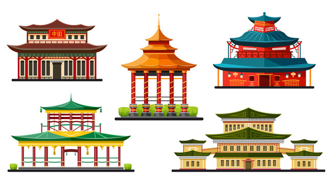Asian buildings, Chinese temples and pagodas icons