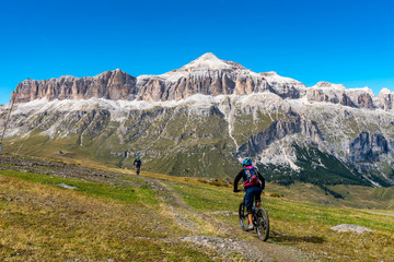 Obraz premium Mountainbiker fahren über eine Wiese in Richung des Sellastocks der Dolomiten
