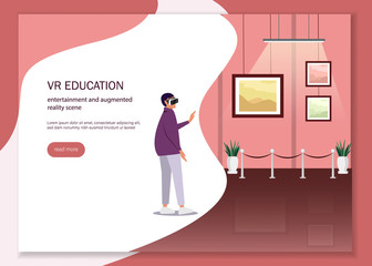 VR education, entertainment and augmented reality scene with female character. Woman in her Room Wearing Virtual Glasses and Looking at Virtual Art Gallery or Museum. Vr Education