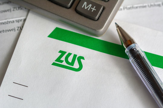 Gdansk, Poland - March 31, 2020: ZUS (National Social Insurance Company) logo on a sheet of paper