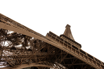 Close low angle view of the majestic Eiffel tower isolated on white, Paris, France