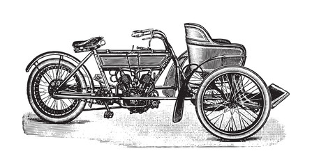 Old motorcycle with sidecar / vintage illustration from Brockhaus Konversations-Lexikon 1908
