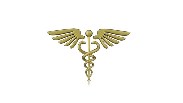 Caduceus medical symbol isolated on a white background. Caduceus Icon. Concept for Healthcare Medicine and Lifestyle. Caduceus sign with snakes. 3d render