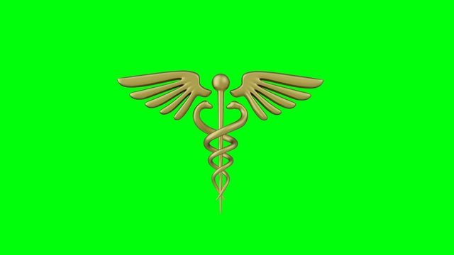 Caduceus medical symbol isolated on a green background. Caduceus Icon. Concept for Healthcare Medicine and Lifestyle. Caduceus sign with snakes. 3d render