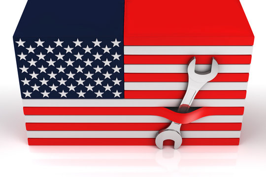 Wrench with flag of United States. 3D Rendering
