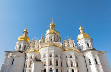 View of the ancient Kiev Pechersk Lavra or Kyiv Pechersk Lavra..Uspensky Cathedral-historic Orthodox Christian monastery in Kiev, Ukraine. Religion orthodox church, spring day.