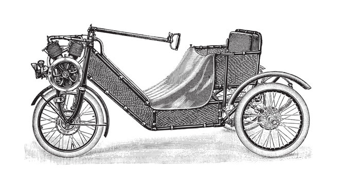 Old 2 cylinder motor tricycle / vintage illustration from Brockhaus Konversations-Lexikon 1908