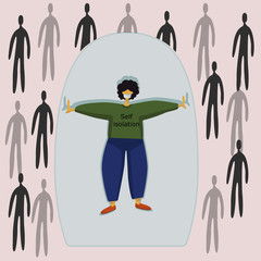 A man in a protective mask inside an abstract dome with his arms spread out to the side, surrounded by silhouettes of people. The concept of social isolation in the fight against Covid-19 coronavirus.