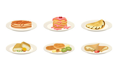 Crepes or Pancakes with Different Stuffing and Toppings Rolled and Folded on Plate Vector Set
