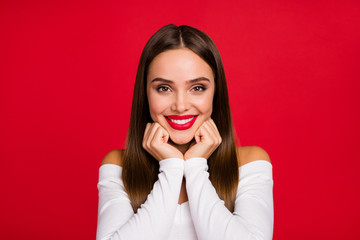 Portrait of lovely cute pretty nice candid content girl touch fists face admire her family friends wear white good look outfit isolated over bright shine color background © deagreez