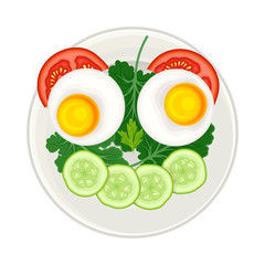 Breakfast Food with Sliced Vegetables and Boiled Egg in Shape of Smiley Above View Vector Illustration