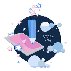 Fototapeta na wymiar Story telling. Tablet, space pencil, stars and clouds. Tell your story. Emblem. Blogs for children. Story time, fantasy stories. Design for children's t-shirt, notebook cover, album.